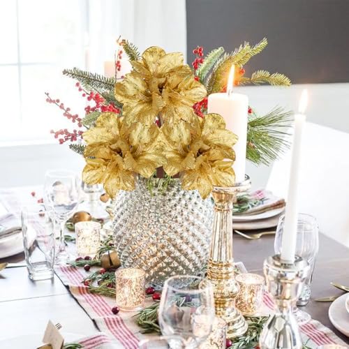 Briful Amaryllis Artificial Christmas Flower Stems, 19.7" Gold Glitter Faux Amaryllis with Detachable Heads for Xmas Home Party Wedding Bouquet Vase Arrangement Decor - color: Gold