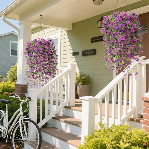 Artificial Fake Hanging Flowers Plants for Outdoor Spring Decoration,6 PCS Faux Silk Daisy with Eucalyptus Leaves,UV Resistant Look Real for Outside Home Indoor Planter Porch Patio Balcony Yard Decor - color: Mix Deep Purple & Purple, size: 6 pcs
