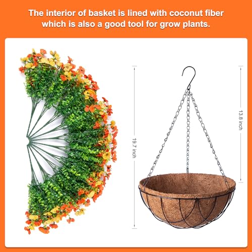 Fake Mums Artificial Fall Flowers with Hanging Baskets Outdoors for Decoration Faux mums for outdoor planters Daisy Flower with Eucalyptus Leaves for Porch Home Patio Balcony and Yard Autumn Decor - color: Yellow Orange