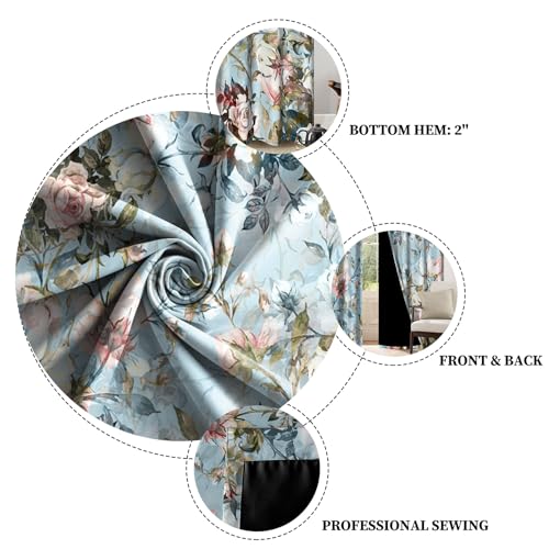 Renaiss Blue Rose Floral Blackout Curtains, Light Blue Watercolor Flowers Blossom Bedroom Window Curtains, Vintage Grommet Curtains for Kitchen 29W x 45L 2 Panels Set - color: Retro Blue, size: 29"W x 45"L (Pack of 2)