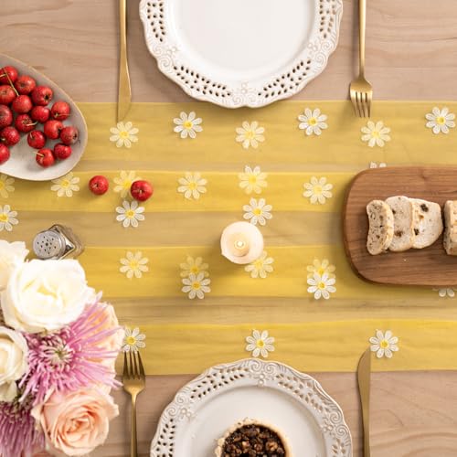 Artoid Mode Yellow Daisy Gauze Embroidery Table Runner 120 Inch 10FT, Tulle Seasonal Spring Kitchen Dining Holiday Table Decor for Home Party - color: Yellow