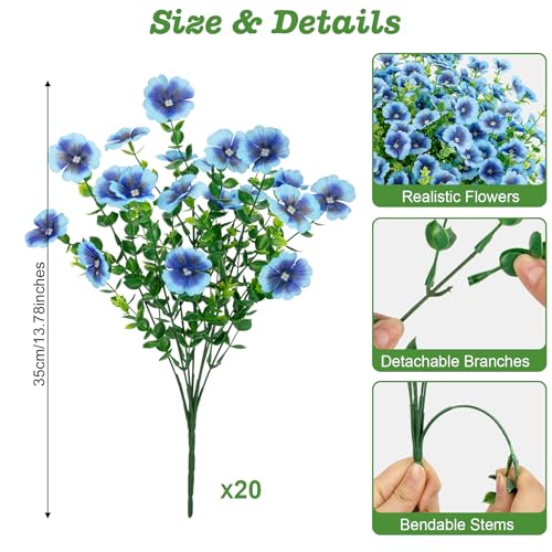 Roberly 20 Bundles Artificial Flowers for Outdoors, Fake Silk Flowers with Plastic Eucalyptus Greenery Stems Realistic Faux Plants for Spring Summer Porch Patio Yard Garden Vase Home Decor, Blue - color: Blue
