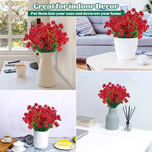 Lnoicy 12 Pcs Artificial Flowers for Outdoor,Plastic Flowers Decoration, UV Resistant Faux Flowers Shrubs, Artificial Plants for Indoor Outside Garden Home Wedding Farmhouse（Red） - color: Red, size: 12