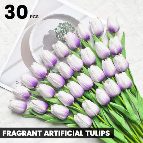 30 PCS Artificial Tulips Real Touch Tulips 13.5inch Long Stem Fake Flowers Silk Flowers for Spring Easter Mother's Day Decorations（Light Purple） - color: Light Purple