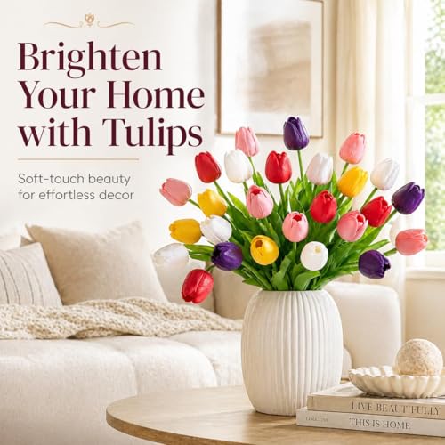 MACTING 30PCS Artificial Tulip Flowers 13.7" Fake Flowers Real Touch Faux PU Tulips Bouquet for Floral Arrangement Table Centerpieces Home Indoor Summer Mothers Day Decorations,Multi Colors-2 - color: Mix Color2
