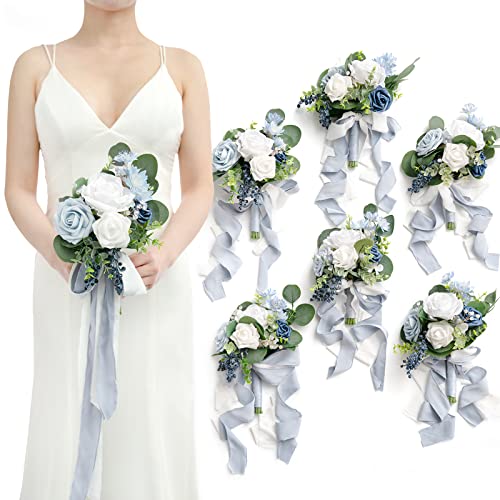 Ling's moment Artificial Bridesmaid Bouquets Set of 6,Dusty Blue Wedding Flower Bouquets White Rose Floral Bouquet Bridal Bouquets with Ribbon,Ceremony,Anniversary,7-inch Diameter - color: Blu-dusty Blue & Navy Blue