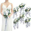 Ling's moment Artificial Bridesmaid Bouquets Set of 6,Dusty Blue Wedding Flower Bouquets White Rose Floral Bouquet Bridal Bouquets with Ribbon,Ceremony,Anniversary,7-inch Diameter - color: Blu-dusty Blue & Navy Blue