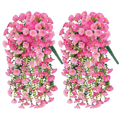 2 PCS Artificial Faux Hanging Flowers Plants for Outdoor Decor,Fake Silk Morning Glory with Eucalyptus UV Resistant Realistic Vine for Wall Home Porch Patio Balcony Yard Decor,Pink and Light Pink - color: Pink+light Pink