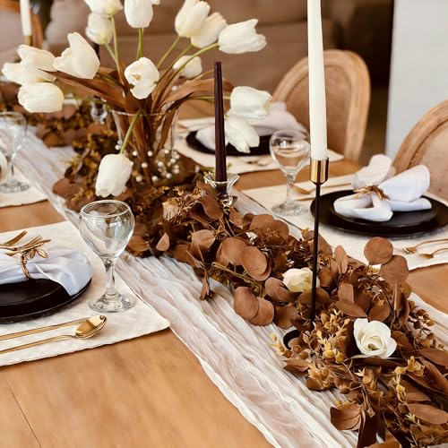 CQURE 3Pcs Eucalyptus Garland,Artificial Eucalyptus Leaves Table Greenery Garland Wreath Vines for Wedding Party Table Fireplace Bedroom Wall Room Decor - size: 17.7 Ft-Brown