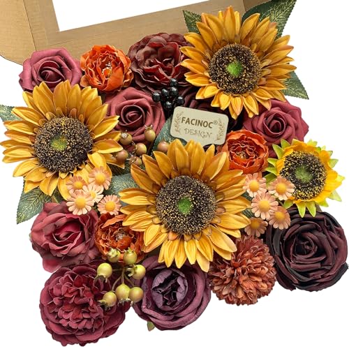 FACINOC Sunflower Artificial Flowers Burgundy Fake Flower Bulk for DIY Wedding Bouquet Bridal Shower Decorations Party Table Centerpieces Cake Decorating Silk Floral Arrangement for Home Decor Indoor - color: Fall Fake Sunflower