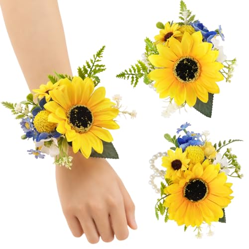 TINGE TIME Set of 2 Wrist Corsage Bracelets Pearl Wristlet Band Bridesmaid Bracelet for Wedding Ceremony Bridal Shower Wedding Artificial Flower Prom (Sunflower&RoyalBlue) - color: Sunflower & Royal Blue