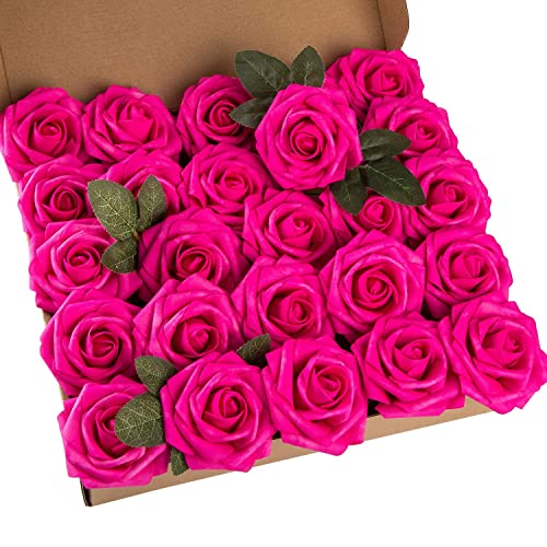 25pcs Artificial Flower Foam Rose Real Touch Roses Flower Heads with Stem for DIY Wedding Bouquets Centerpieces Arrangements Party Baby Shower Home Decor (Hot Pink) - color: Hot Pink