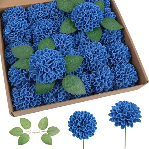 Royal Blue Dahlia Artificial Flowers,25Pcs Foam Flowers Heads Realistic Faux Dahlia Flowers Bulk for DIY Wedding Bouquets Party Cake Mirror Office Home Decor (Royal Blue) - color: Royal Blue