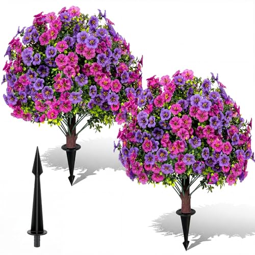 Artificial Boxwood Topiary Ball Trees with Violet Flowers with Spikes for Outdoor 27" Set of 2, UV Resistant Faux Greenery Shrubs, Realistic Fake Bushes Plants for Garden Front Porch Patio Decor - color: Boxwood Violet