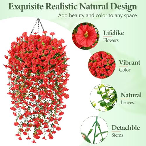 Yastouay Artificial Hanging Flowers for Outdoors, Fake Hanging Flowers for Decoration, UV Resistant Artificial Outdoor Plants, 2 Pcs Morning Glory for Outdoors Garden Patio Porch Yard Decoration, Red - color: Red, size: 2 Pack