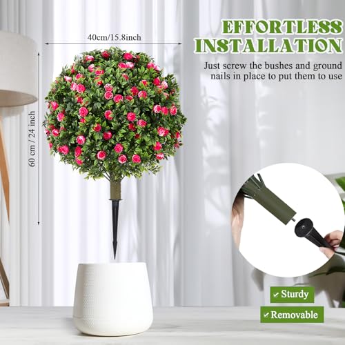 Lunmon 2 Pack 24" Artificial Topiary Ball Plants Trees with Flowers, Outdoor Fake Topiary Plants with Ground Spike, UV Resistant Faux Bushes for Indoor Outdoor Front Door Decor(Pink, White,Rose) - color: Pink, White, style: Rose