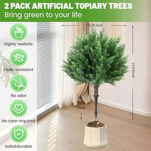 Artificial Cedar Topiary Ball Trees, 4 Pack Artificial Shrubs Bushes with Ground Spike, UV Resistant Fake Plants for Christmas Porch Decor - color: 4 Pack 23" Cedar