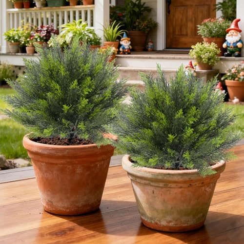 Bdor 24" Artificial Cedar Topiary Bush with Ground Stake, UV Resistant Fake Cedar Shrubs for Outdoors, Weatherproof Faux Greenery Plants for Garden, Patio, Yard, 2 Pack - style: cedar