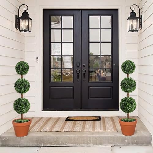 Damomo Artificial Topiaries Ball Trees Outdoor, 3.6ft Faux Boxwood Plants Topiary Triple Ball Tree(2 PCS), Fake Shrubs Trees Potted Decorative Indoor Porch or Garden（43inch） - size: 3ft 7in