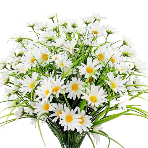 4 Bundles Artificial Silk Daisy Flowers Fake Daisies Plastics Plants Flower Faux Wildflowers Outdoor UV Resistant for Home Decor Indoor Outside Porch Patio Garden Planters Decoration (White) - color: White