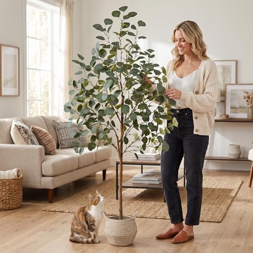 Warmplants Artificial Eucalyptus Tree, 5ft Tall Mordern Fake Eucalyptus Plant with Basket, Green Silk Leaves Perfect Faux Trees for Home Office Livingroom Floor Decor Indoor Outdoor - size: 5ft