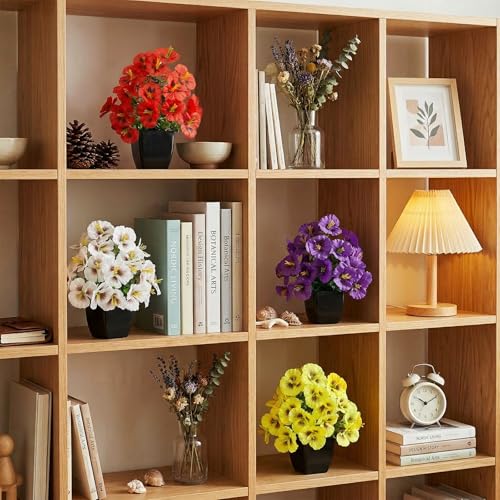 LOYWREE 4 Pack Small Faux Plants Spring Artificial Pansy Flowers Fake Plants Indoor Bathroom Accessories for Home Room Office Desk Decor(Black Square Pot) - color: Pansy-black Pot, size: Black Pot