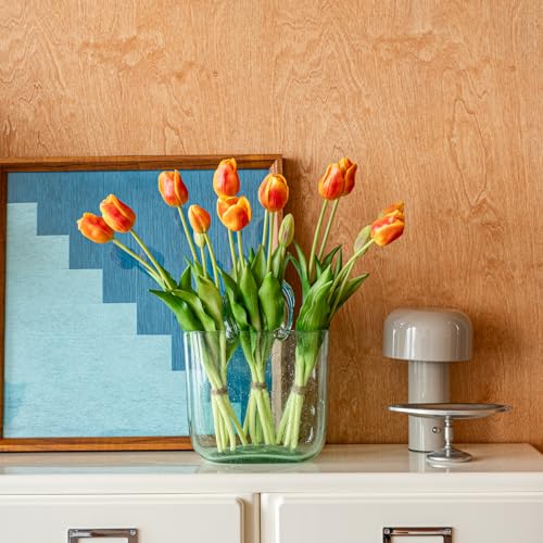 DUYONE 15pcs Artificial Tulips Flowers,Soft Touch Latex Bouquet, Fake Tulips for Office Wedding Party Home Kitchen Garden Decoration - color: 15pcs Orange (No Vase)