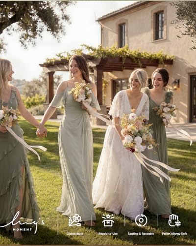 Ling's moment Artificial Bridesmaid Bouquets Set of 6,Sand Beige Wedding Flower Bouquets Pink Floral Bouquet Bridal Bouquets with Ribbon,Ceremony,Anniversary,7-inch Diameter - color: Pk-sand Beige