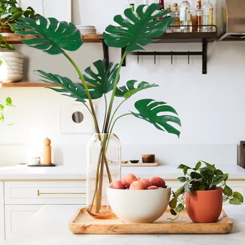 DuHouse 6Pcs Faux Monstera Leaves Artificial Greenery with Long Stems Large Fake Tropical Palm Leaves for Home Wedding Birthday Theme Party Decorations