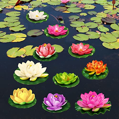 Artificial Lotus Flowers Water Lilies for Pond Pool, 10 Pcs Realistic Floating Foam Lotus Flowers with Lily Pads for Ponds, 4" and 6" Large Lifelike Water Lilies for Fountain Garden Pond Decoration - color: Artificial Lotus