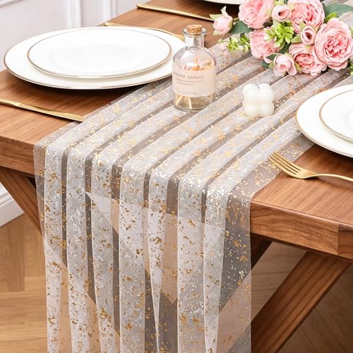 10FT Gold Gauze Table Runner Sheer Glitter Metallic Foil Tulle Table Runner 120 Inch Sequin Bridal Wedding Dining Centerpiece for Birthday Christmas Anniversary Home Decor for Party - color: Gold, size: 10 ft × 1 pc