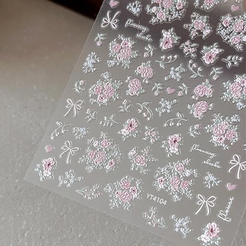 Pink Flower Nail Stickers Spring 5D Floral Nail Decals 1PCS Embossed Flowers Bouquet Bow Design Summer Adhesive Decals Nail Art Supplies for Women Manicure Decor - style: Style1-Pink Flower