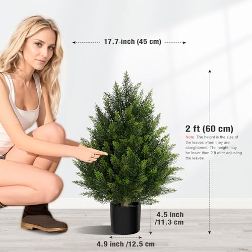 Vitalismo Outdoor Artificial Cedar Topiary Tree, Faux Evergreen Shrubs for Front Porch Decor, Lifelike Fake Bushes Plants for Home Living Room Front Door Decor (1, 2ft) - size: 2ft