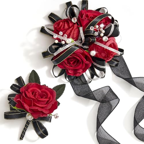 Prom Corsage and Boutonniere Set Red Black,Artificial Silk Rose Wrist Corsage for Homecoming, Formal Dance Party, Wedding,Graduation,Anniversary - color: C-red&black