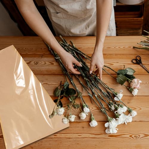 BEISHIDA 100 Pcs Flower Wrapping Bags, Bouquet Sleeves Kraft Paper 15.7 x 13.7 in Clear Flower Sleeves for Bouquets Florist Supplies, Mother's Day, Valentine's Day, Graduation - color: large-kraft-clear