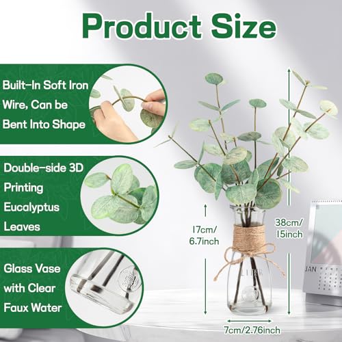 Artificial Eucalyptus Stems in Glass Vase with Faux Water, 15" Realistic Fake Plants for Bathroom Counter Decor, Small Faux Greenery for Coffee Table Centerpieces, Office Desk and Shelf Decor - color: Double-sided Green Eucalyptus