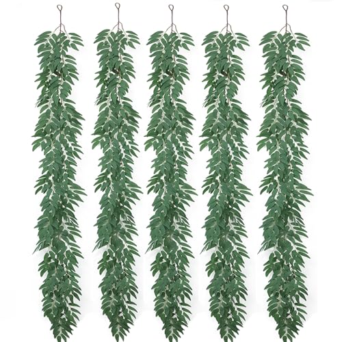 mizii 5 Packs 390" Artificial Vines Willows Garland Fake Vine Italian Ruscus Silk Green Leaves Faux Plants Greenery Decoration for Bedroom Room Wall Party Table Centerpieces Wedding Arch Decor - color: Willows