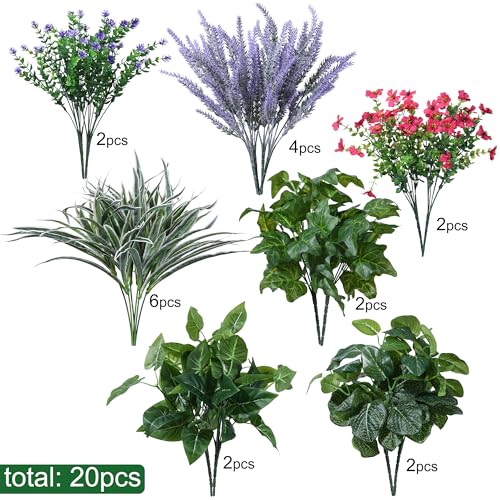 Starttag 20PCS Artificial Plants for Outdoor Decor Realistic Faux Greenery & Flowers Fake Plastic Leaves with Stems UV Resistant Outside Bushes for Garden Patio and Porch - color: Mix-1