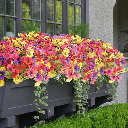 16 Bundles Summer Artificial Flowers Bundies Bulk UV Fake Flowers for Garden Pots Yard Outdoor Porch Home Decor, Colorful Faux Wildflowers Plastic Plant for Outside - color: A - Mix Colors
