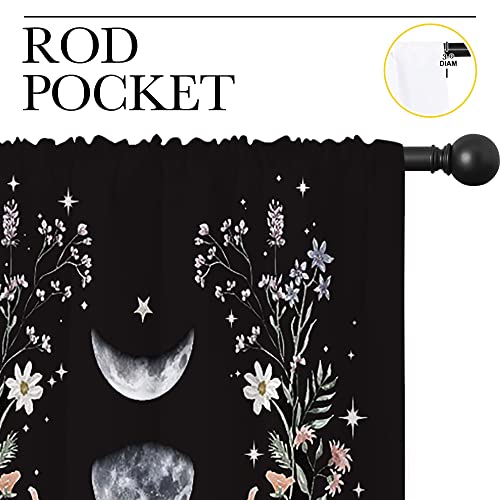 Boho Floral Wildflower Rod Pocket Blackout Curtains for Boy Girl Bedroom, Moon Phase Moonlit Garden Witchy Gothic Aesthetic Thermal Insulated Home Window Drapes for Living Room Darkening, 42x45 inch - color: Boho Floral Wildflower-003, size: 42"W x 45"L (