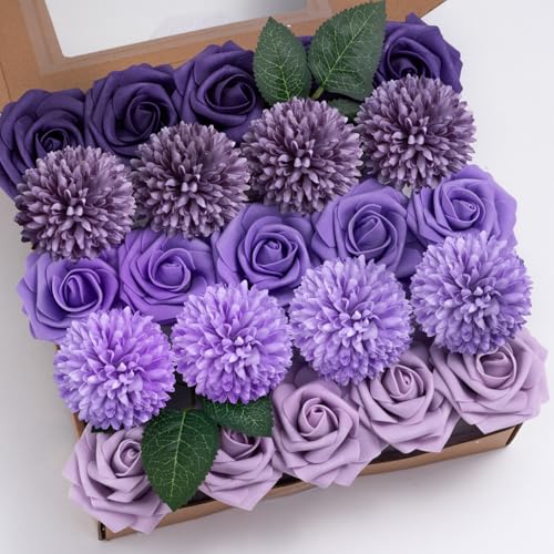 BSMYBO Purple Flower Artificial Roses Faux Flowers with Stems Mix Fake Roses Dahlia Chrysanthemum Ball for Wedding Bridal Bouquets, Table Centerpieces, Baby Shower, Party, Home Decorations - color: Dark Purple, size: PureBlooms