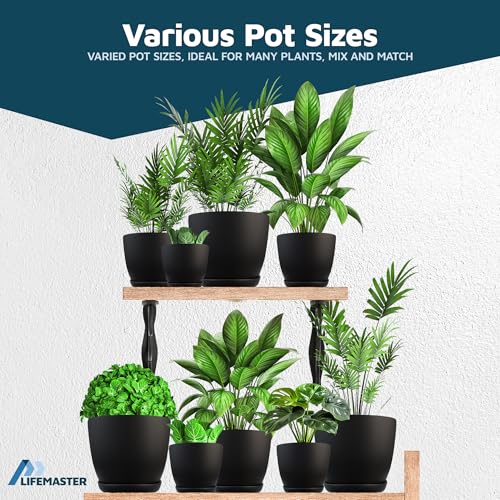 Black Plant Pots with Drainage Holes & Saucers 3 Pack, Indoor & Outdoor Stackable Space-Saving Planters for Houseplants & Flowers, (7", 6.7", and 6" Inches), Durable & Weatherproof Materials - color: Black, size: Pack of 3