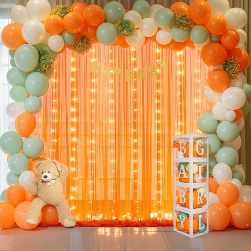 Orange Tulle Backdrop Curtain with Lights String for Parites 10x8ft Sheer Backdrop Curtains Drapes for Birthday Party Baby Shower Wedding Ceremony Prom Halloween Photo Booth Background Decorations - color: Orange, size: 10 ft X 8 ft(2 Panels 5ft X 8ft)