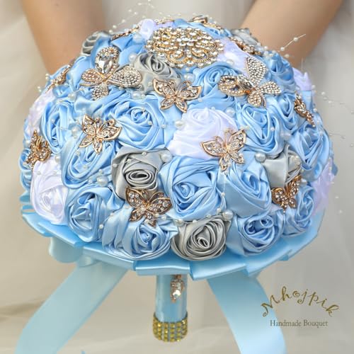 Handmade Wedding Flowers Bouquet Round Holding Bridal Bouquet Artificial Satin Roses Bunch for Bride Bridesmaid Wedding Quinceanera - color: Light Blue, Silver & White, size: Small (Dia. 7.5"/19cm)
