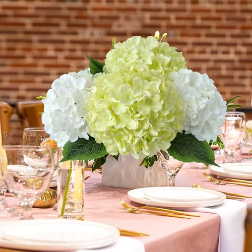 JINWOE Green Hydrangea Artificial Flowers, 5Pcs 20Inch Large Lifelike Faux Silk Flowers, Full Artificial Hydrangeas for Bouquet Table Centerpieces Indoor Spring Outdoor Home - color: Green