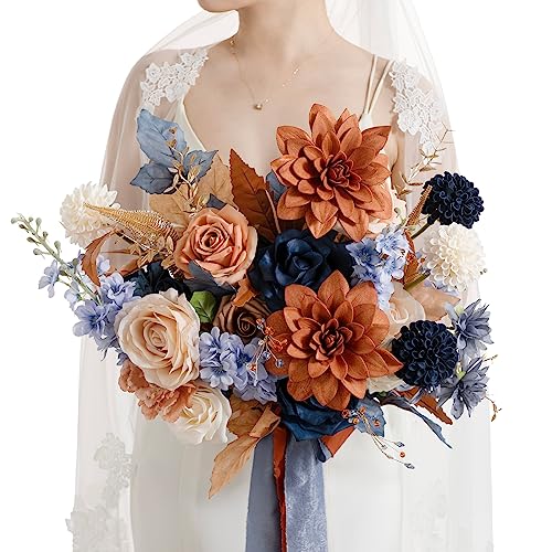 Ling's moment Blue and Orange Wedding Bouquets for Bride, Navy Orange Bridal Bouquets for Bride, 15 Inch Free Form Artificial Wedding Flowers Bouquets - color: Or-burnt Orange & Navy, size: Medium 15 Inch