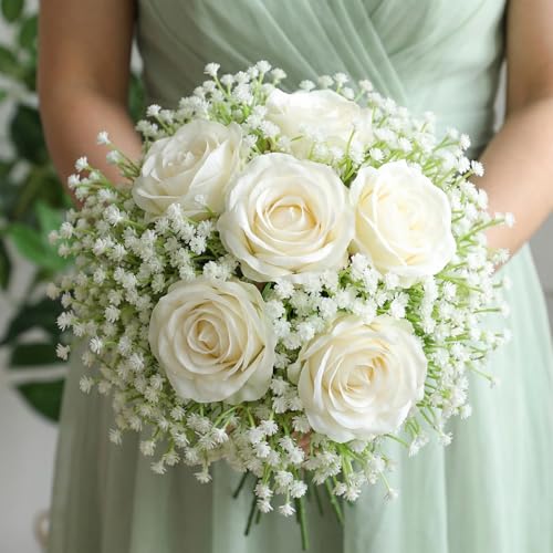 200-Pcs Baby Breath Artificial Flowers Bulk, Real Touch White Artificial Gypsophila with Green Stems for Wedding Centerpieces, Home Decor, Party Decoration (200 Count)
