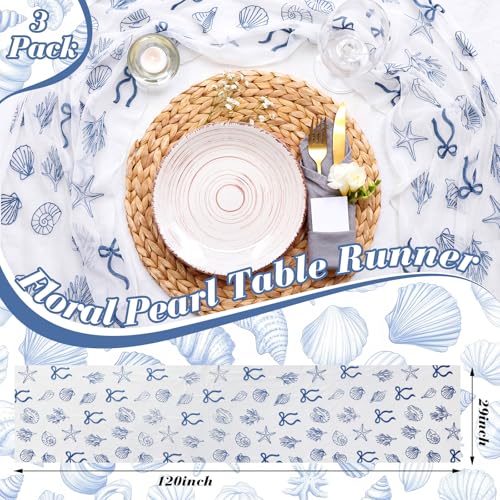 Mindsoft 3 Pcs Coastal Table Runner 10ft Blue Bow Beach Ocean Nautical Embroidery Tulle Lace Table Runner Last Toast on the Coast Decor for Wedding Bridal Baby Shower Holiday Dining DIY - style: Coast