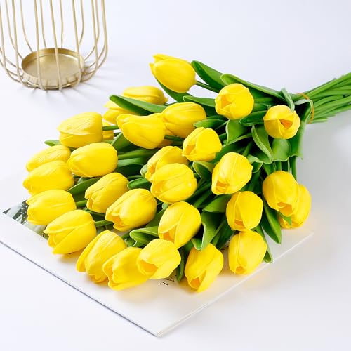 Sggvecsy 15 Pcs Fake Tulips Artificial Flowers Real Touch PU Faux Flowers Tulip Stems for Wedding Spring Bouquet Floral Arrangement Home Party Office Decorations for Mother's Day (Yellow) - color: Yellow, size: 15 Pcs