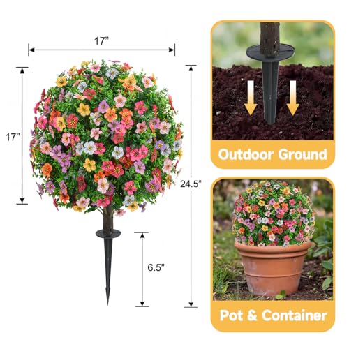 Dense Multi-Color Artificial Flower Topiary Ball Trees 24 Inch, Set of 2 Fake Plants with Ground Spike, UV Resistant No Fade Faux Bushes for Spring Garden, Patio, Porch, Yard, Outdoor Decor - color: Colorful